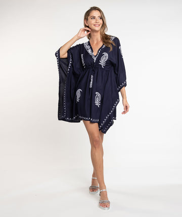 Navy/White Cotton Cover up with Contrast Embroidery and Drawstring Waist