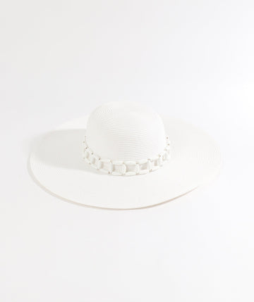 White Wide Brim Hat with Tonal Bead Embellishment