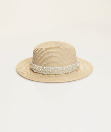 Natural Straw Fedora Hat with Pearl Trim - UPF 50 Sun Protection