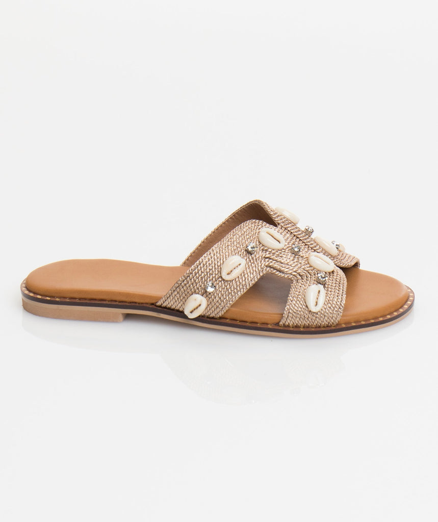 Tan Slider Sandals with Shell Embellishments and Metallic Woven Fabric