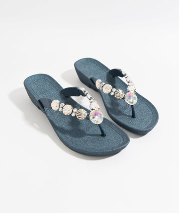 Women`s Summer Sandals with Gems - Navy
