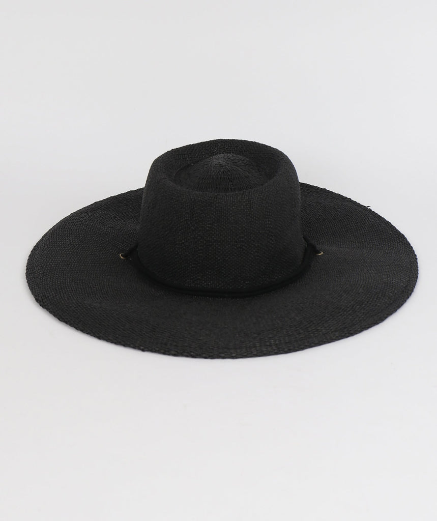 Black Wide Brim Floppy Hat with Rope Trim Embellishment