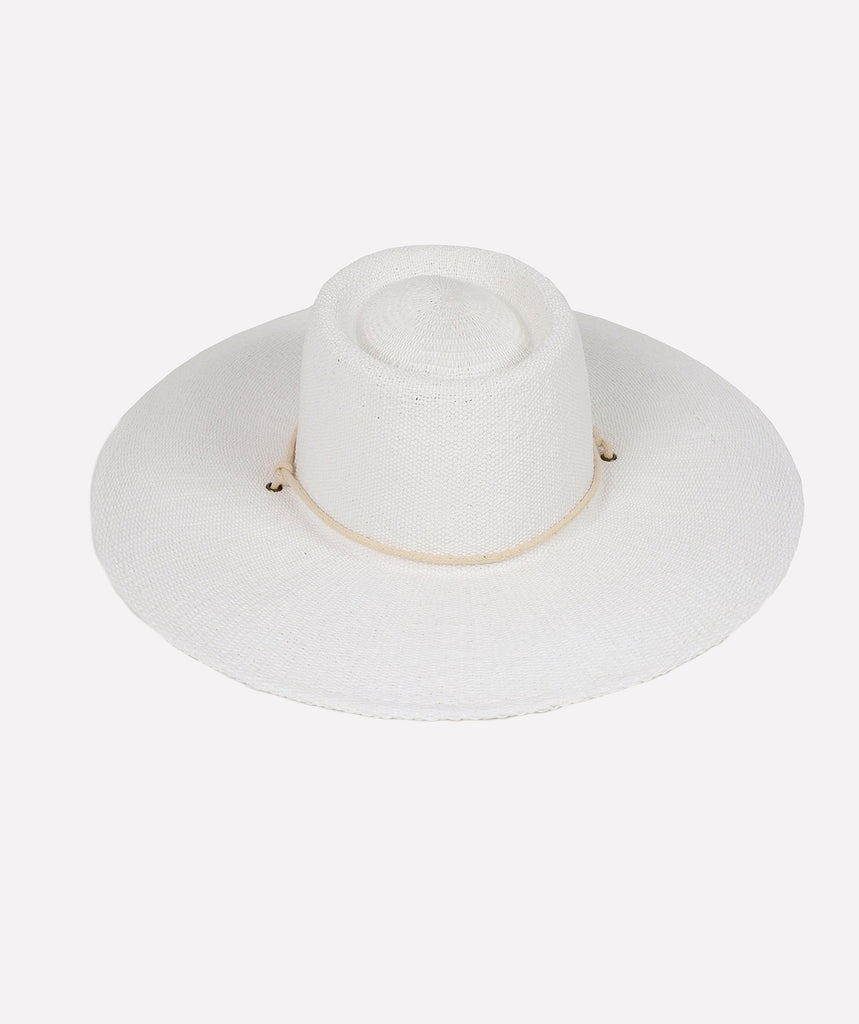 White Wide Brim Straw Hat with Rope Trim Embellishment