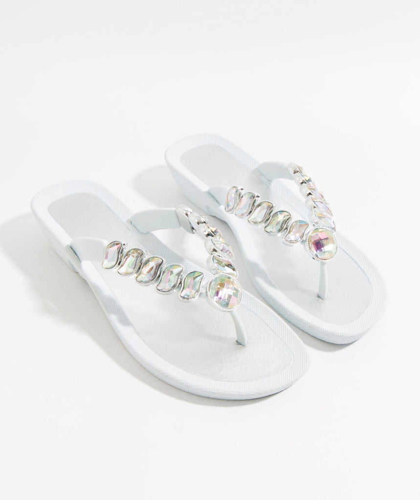 White Wedge Heel Pool Shoe with Crystal Embellishments